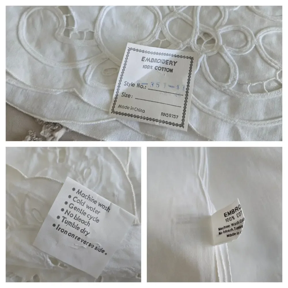 Vintage 80s Keeco Embroidered Cutwork Tablecloth Napkin Set White Cotton 68x86